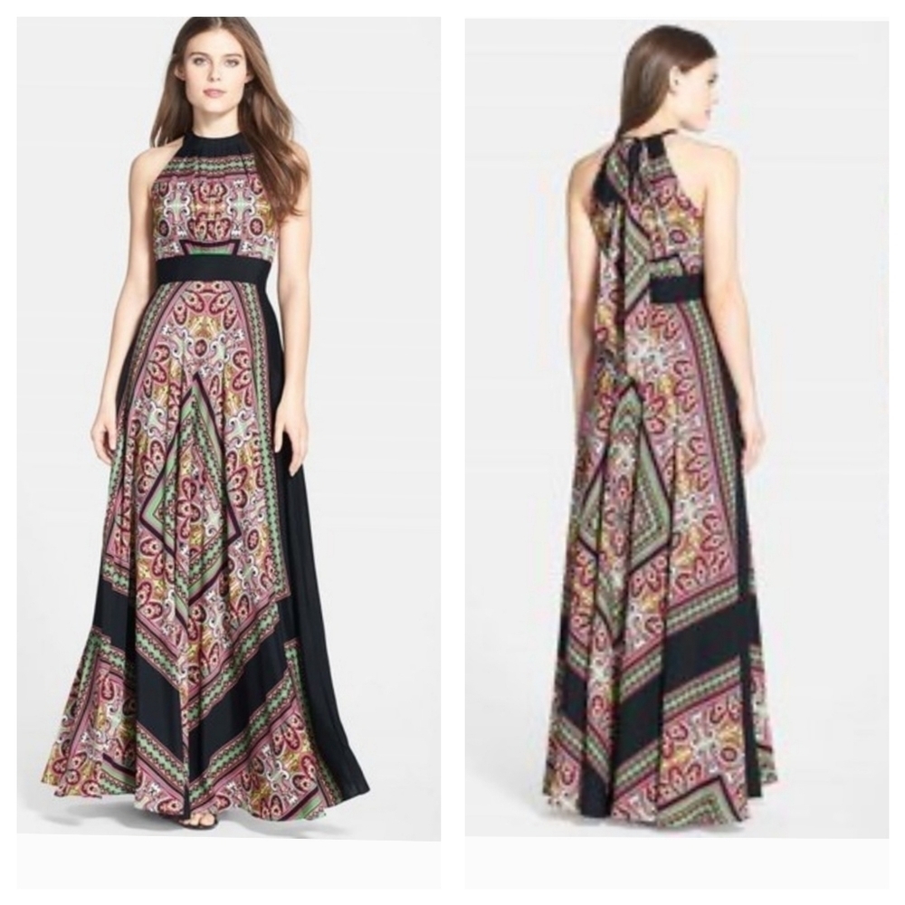 Eliza J. Women's Scarf Print Halter Neck Maxi Dress Size 2 Sleeveless Tie Back